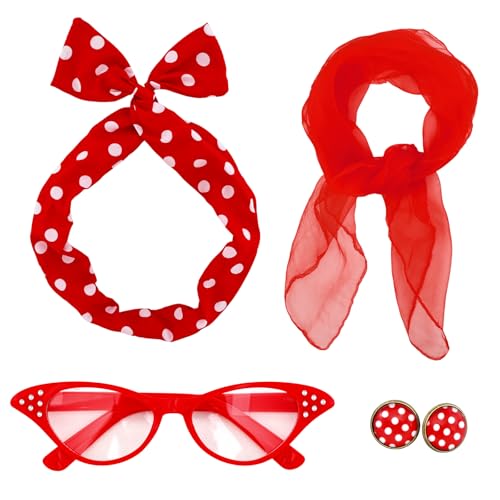 Sdfvsdg 50s Set 50's Costume Accessories Chiffon Scarf Cat Eye Glasses Bandana Tie Headband Earrings for Cosplay Party