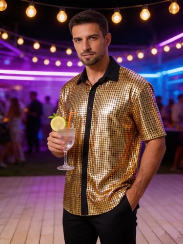 EFOWAY Men Sequin 70s Disco Shirt, Metallic Short Sleeve Button Down Shirts