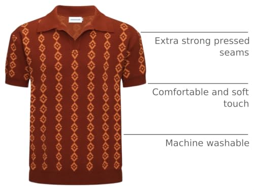 OXKNIT Men's Dark Brown Knit Polo Shirt 1960s Mod Style Vintage Shirts V-Neck Golf Polo T Shirts
