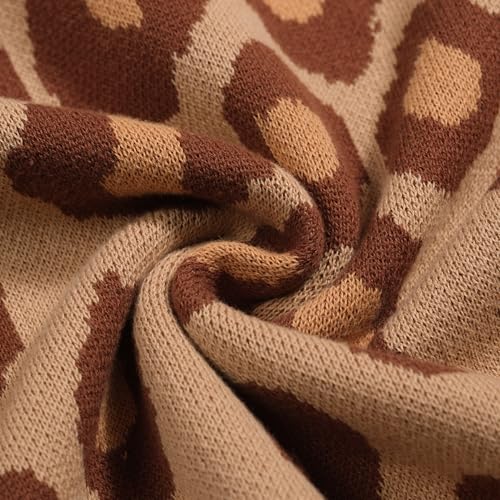 OXKNIT Knit Polo Shirt for Men, 1960s Retro Leopard Print Brown Shirt Quarter Button Down Short Sleeve Men's Clothing