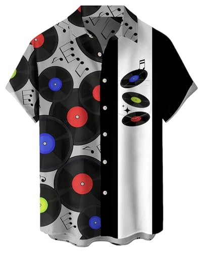 Bowling Shirts for Men Vintage Music Disc Print Short Sleeve Casual Button Down Vacation Shirts