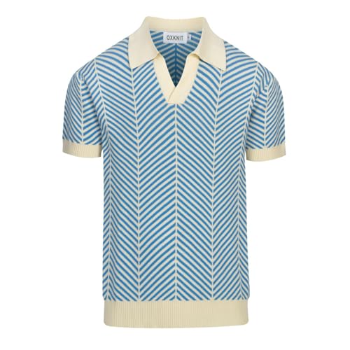 OXKNIT Men's Knit Short Sleeve Shirts 1960s Vintage Blue Stripes Knitted Polo Shirt Beige V-Neck Cotton Polo Knitwear