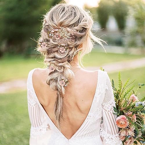 5 PCS Bridal Flower Wedding Hair Pins Crystal Pearl Hair Clips Headpiece Gold Wedding Hair Accessories Jewelry with Rhinestone for Brides Bridesmaids Women Girls Updo(Cherry Blossoms Pink)