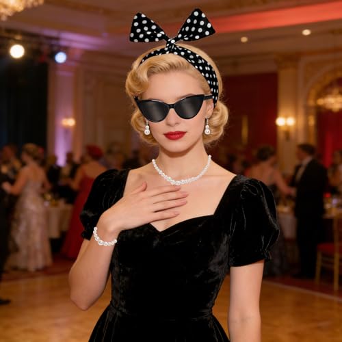 Fumwase 7PCS 1950s Costume Accessories for Women Cat Eye Glasses Hair Accessories Earring Bracelet Necklace Scarf for Halloween (Black)