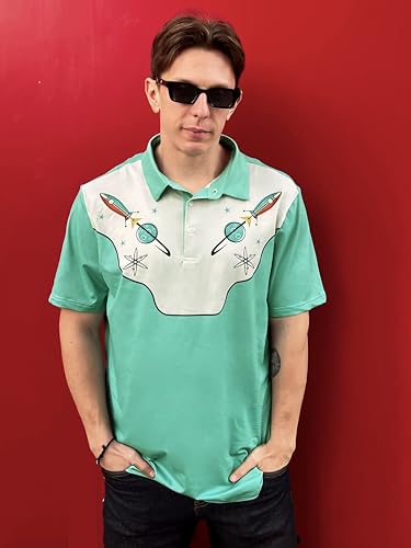 COOLLYME Retro Space Rocket Polo Shirt, Green and Beige, Short Sleeve, Polyester, Atomic Design, Regular Fit