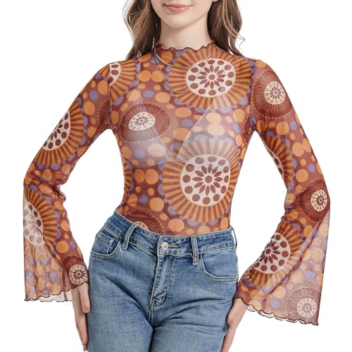 Durio Disco Outfits 70's Bell Sleeve Top for Women Vintage 70s Shirts Mock Neck Sleeve Top Sheer Mesh Long Sleeve Tops for Women Crop Top T Shirt Vintage Geometric Medium