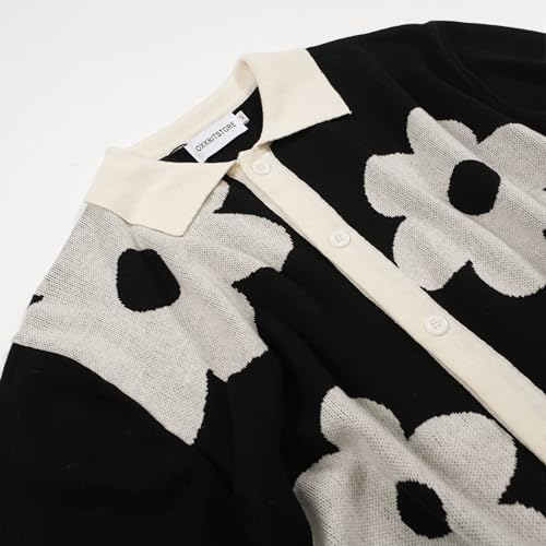 OXKNIT Mens Casual 60s Retro White Flower Knitted Short Sleeve Vintage Button Down Golf Polo