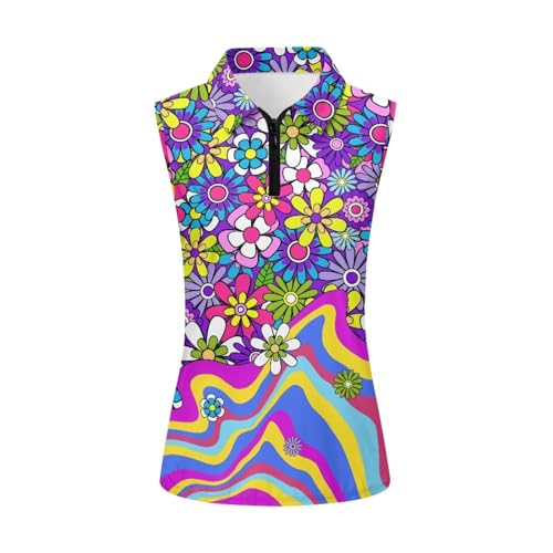 POLERO Women 70s Golf Shirts Sleeveless Half Zip Dry Fit Golf Tops Groovy Hippie Flower Tennis Shirts Retro Floral Athletic Tank Tops Size L