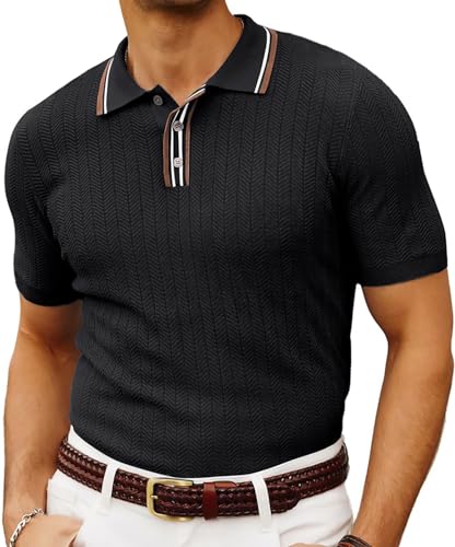 PJ PAUL JONES Mens 1960s Vintage Polo Shirts Contrast Lapel Collar Button Up Polo Sweaters Bowling Shirt Lightweight Black M