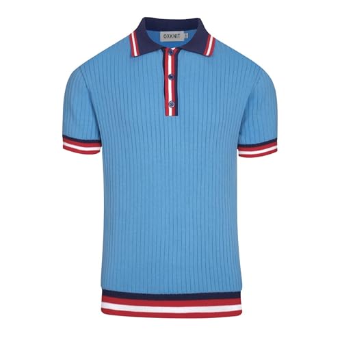 OXKNIT Men's Knit Short Sleeve Shirts 1960s Retro Stripes Knitted Polo Shirt Blue Cotton Polo Shirt with Quarter Button