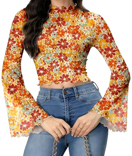 70s Women's Y2k Floral Bell Sleeve Crop Tops Disco Floral Hippie Shirt Top