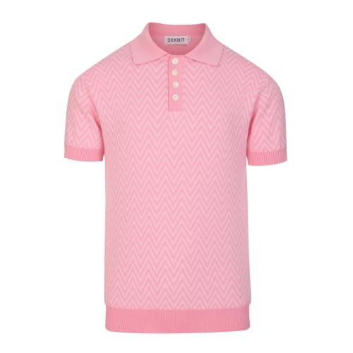 OXKNIT Men's Retro Knitted Poloshirt, 1960s Mod Vintage Texture Polo Cotton Short Sleeve with Quarter Button Pink