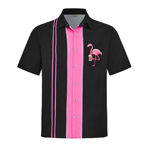 Royaura Hawaiian Shirt for Men,Printed Summer Beach Vintage Bowling Button Down Short Sleeves Casual Shirts Black Pink