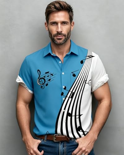 Gwnnb Bowling Shirts for Men Music Note Print Short Sleeve Casual Button Down Beach Retro Shirts