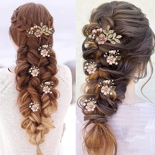5 PCS Bridal Flower Wedding Hair Pins Crystal Pearl Hair Clips Headpiece Gold Wedding Hair Accessories Jewelry with Rhinestone for Brides Bridesmaids Women Girls Updo(Cherry Blossoms Pink)