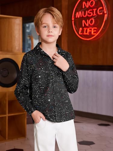 Haloumoning Boys Dress Shirt Button Down Shirts 70s Disco Costume Black