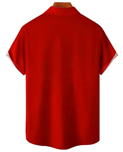 Hodaweisolp Retro Bowling Shirts for Men 50s Button Up Shirt Short Sleeve Cuban Style Camp Shirt Red Geometric-L