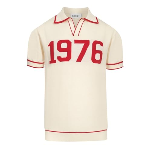 OXKNIT Men's Knit Polo Shirts, 1960s Mod Style Retro Words White Short Sleeves Casual V-Neck Short Shirts