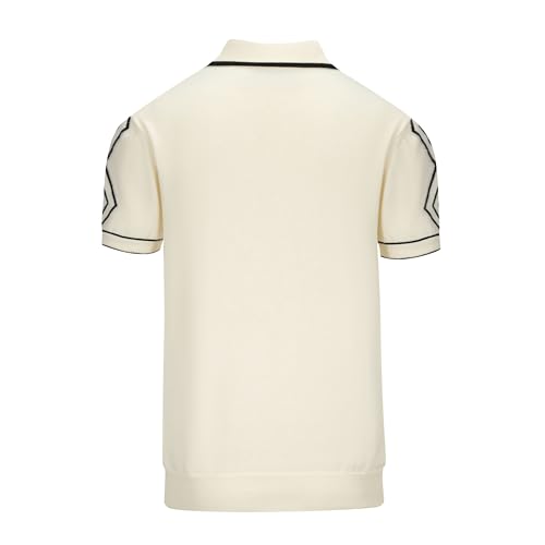 OXKNIT Mens White Apricot 60s V-Neck Polo Shirt Rhombic Pattern Knit Golf Polo