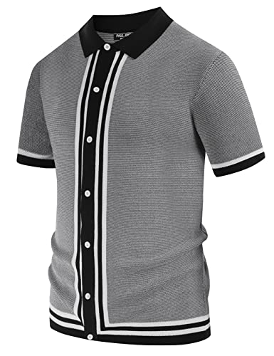 Men's Retro Polo Shirts Vintage Stripes Lapel Collar Knit Shirts Black S