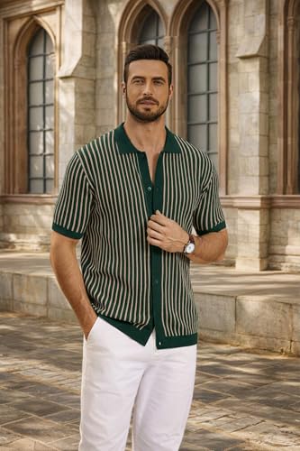 COOFANDY Mens Button Down Short Sleeve Shirt Textured Knit Polo Shirts Vintage Shirts Retro Knitwear