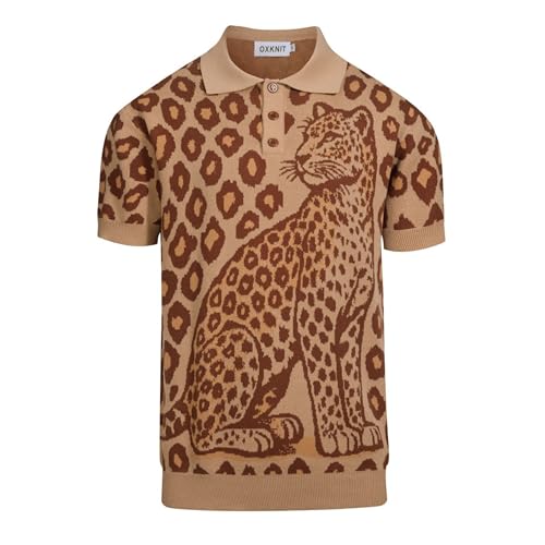 OXKNIT Knit Polo Shirt for Men, 1960s Retro Leopard Print Brown Shirt Quarter Button Down Short Sleeve Men's Clothing