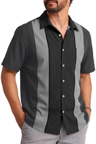 KYKU Mens Retro Bowling Shirts 1950s Outfits for Men Short Sleeve Casual Button Down Shirt with Pocket, Dark Gray, L