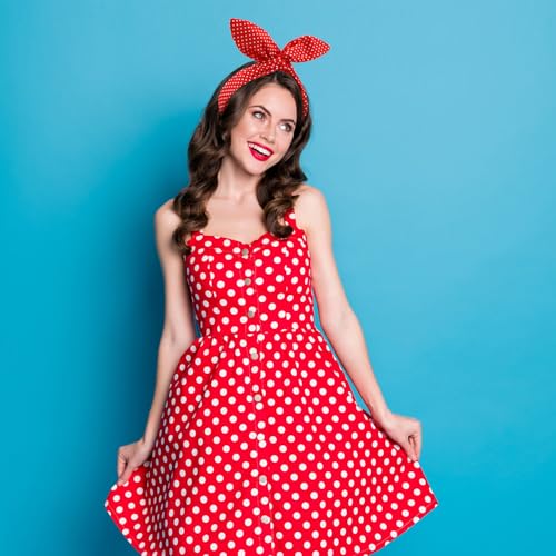 Hicarer 2 Pieces Polka Dot Headband Bandana Headband 50s Costume Hair Accessories Bows Wide Head Wrap for Women(Red, Black,Small Dots)