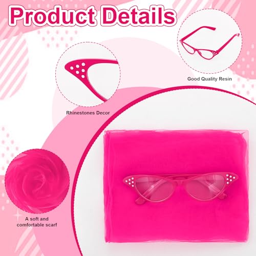 Sdfvsdg 50s Set 50's Costume Accessories Chiffon Scarf Cat Eye Glasses Bandana Tie Headband Earrings for Cosplay Party