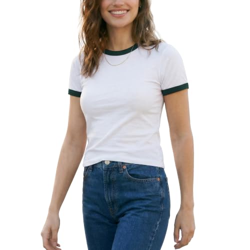 Zengjo Womens Ringer Tee Crewneck Retro T Shirts with Trim(White/Green,XL)