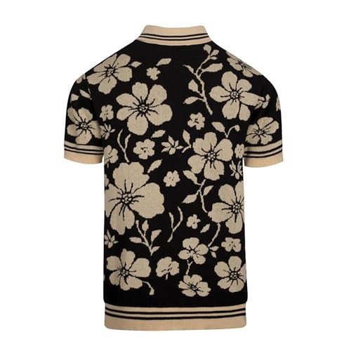 OXKNIT Men's Knit Short Sleeve Shirts Button Down Vintage Florals Plants Pattern Knitted Polo Shirt Black Apricot Polo