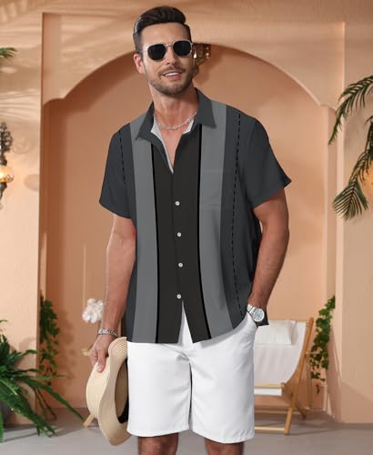 KYKU Mens Retro Bowling Shirts 1950s Outfits for Men Short Sleeve Casual Button Down Shirt with Pocket, Dark Gray, L
