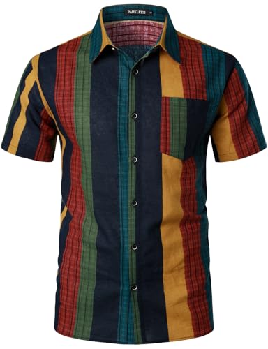 PARKLEES Men's Linen 70s Hippie Style Floral Print Shirt Short Sleeve Button Down Hawaiian Shirts Colorful Stripe Medium
