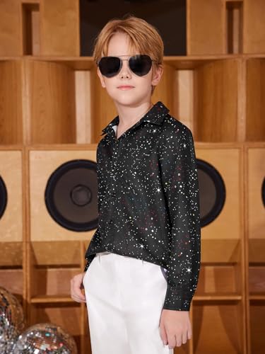 Haloumoning Boys Dress Shirt Button Down Shirts 70s Disco Costume Black