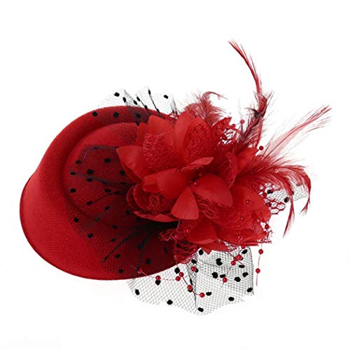 Acenail Fascinators Hats Women Flower Feather Church Pillbox Hat Vintage Funeral Dress Hats 50s Fancy Hats for Tea Party (US, Alpha, One Size, Medium, Red)