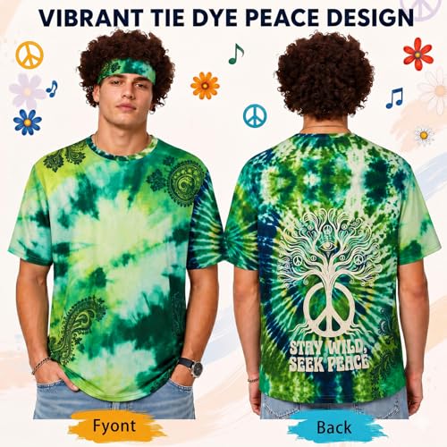 APHBPT 70s Outfits for Men - 10 Pcs Hippie Costume with Tie Dye Shirt, Fringe Vest & Accessories,60s/70s Retro Party Clothes (Green, 2XL)