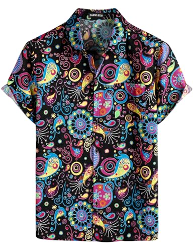 PARKLEES Men's Linen 70s Hippie Style Floral Print Shirt Short Sleeve Button Down Hawaiian Shirts Multicolor Large
