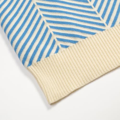 OXKNIT Men's Knit Short Sleeve Shirts 1960s Vintage Blue Stripes Knitted Polo Shirt Beige V-Neck Cotton Polo Knitwear