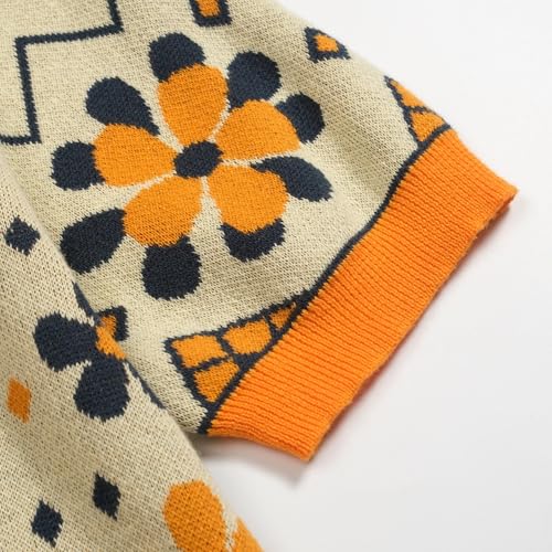 OXKNIT Women's Knit Polo Shirts 1960s Vintage Cat Jacquard Casual V-Neck Top with Puff Sleeves Orange
