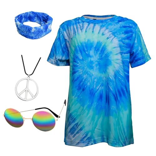 FechDitchly Retro 60s 70s Hippie Boys Costume Set 4Pcs Disco Party Outfit with Tie-Dye Shirt, Peace Necklace for Kids Ages 4-12 Years (Blue, S)