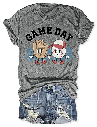 Baseball Shirts Women Baseball Mom Tshirt Baseball Game Day Graphic Tee Funny Short Sleeve Tops(Y-Grey, XL)