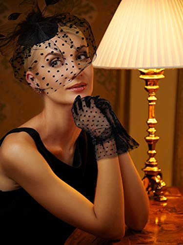 SATINIOR 50s Black Fascinators Hats for Women, Funeral Veil Polka Dot Hat Pillbox Cocktail Tea Party Headpiece and Lace Glove