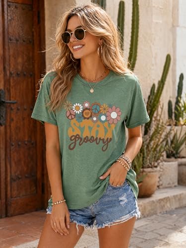 Hippie Shirts for Women Groovy 70s Retro Flower Graphic T-Shirt Vintage Peace Sign Top Floral Tee
