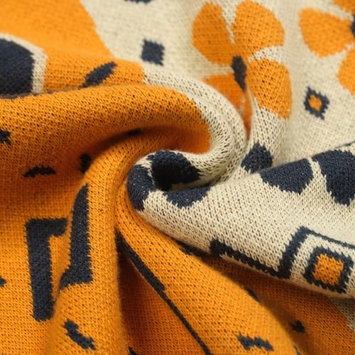 OXKNIT Women's Knit Polo Shirts 1960s Vintage Cat Jacquard Casual V-Neck Top with Puff Sleeves Orange