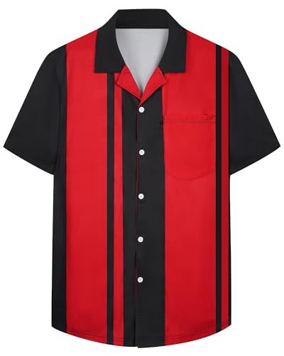 SEAOYOZO Bowling Shirts for Men Short Sleeve Hawaiian Button Down Shirts 1950s Casual Vintage Summer Beach Cuban Shirt