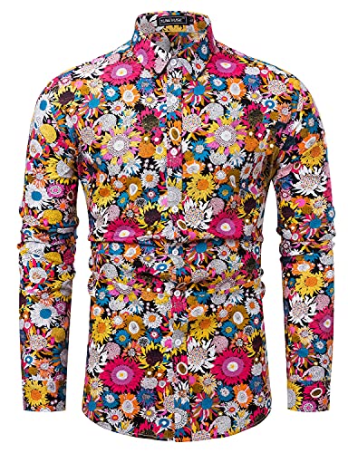 TUNEVUSE Men Floral Dress Shirt, Long Sleeve Button Down Patterned Cotton