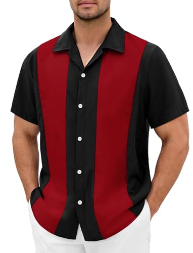 Men's Vintage Bowling Shirts 1950s Retro Short Sleeve Outfits Button Down Summer Cuban Beach Shirt Red