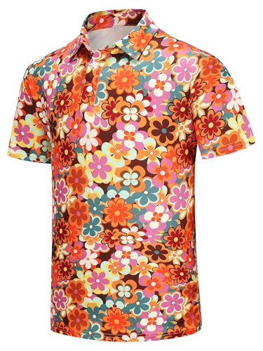 70s Outfits for Men Short Sleeve Mens 70s Disco Hippie Floral Shirt Retro Costume Funny Golf Polo Shirts for Men