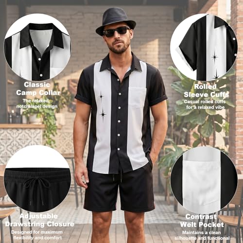 WILDPARTY Men's Matching Set, 1950s Retro Bowling Shirt and Shorts With Hat Glasses Vacation Beach Party Outfit Summer