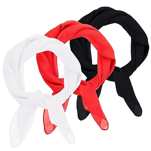 Jmkcoz 3 Pcs 50s Chiffon Scarf Sheer Square Neck Head Scarf for Women Girls Hip Hop 1950s Party Halloween Costume (Black White Red)